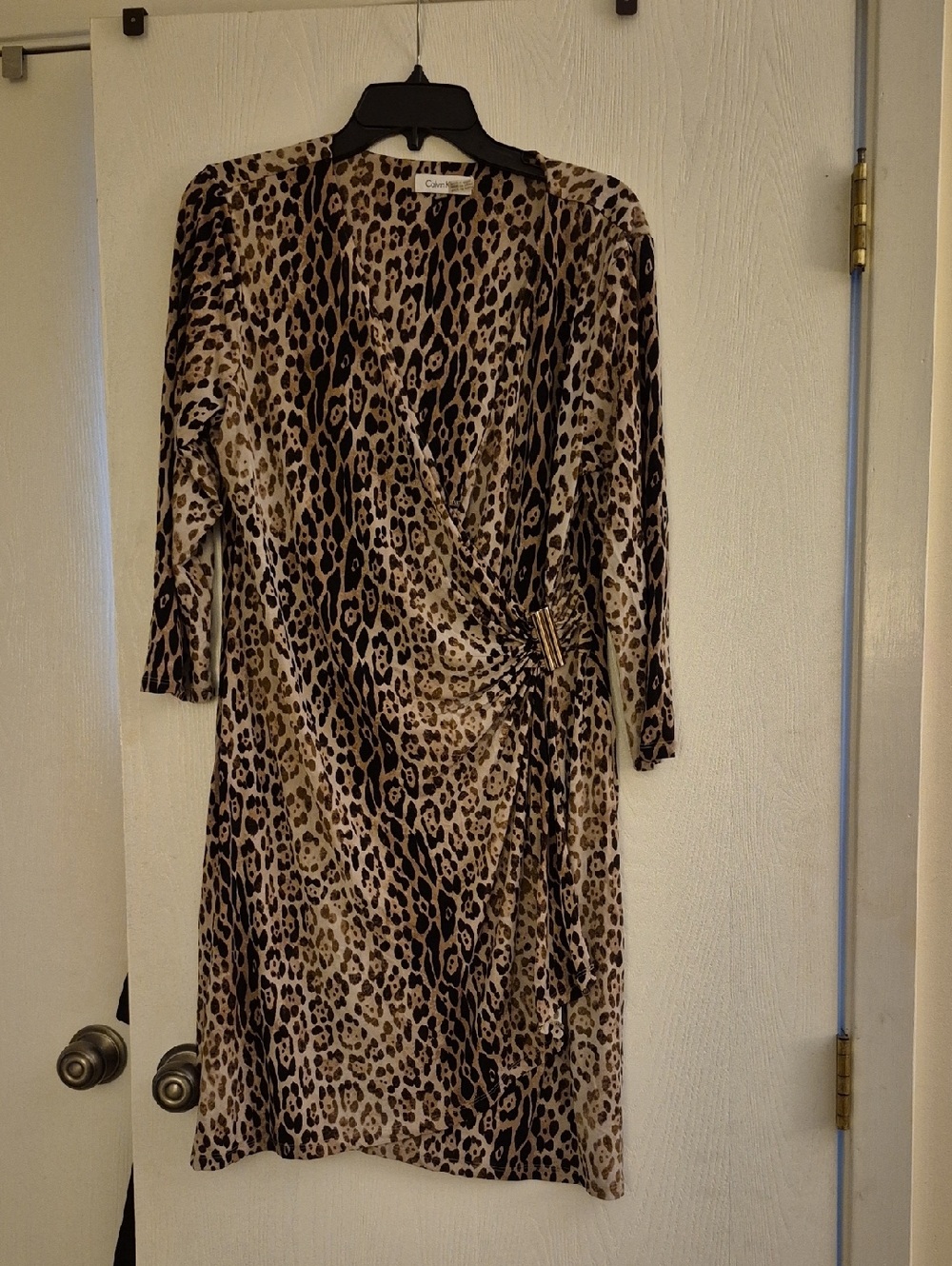 Calvin Klein Leopard Print Long Sleeve Wrap Dress - Beige Brown